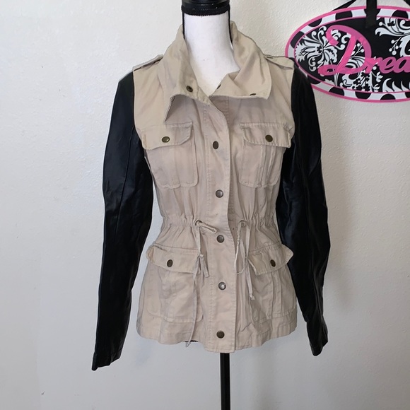 JJ Winter by JJ Basics tan faux leather sleeves button Down jacket - Picture 1 of 6